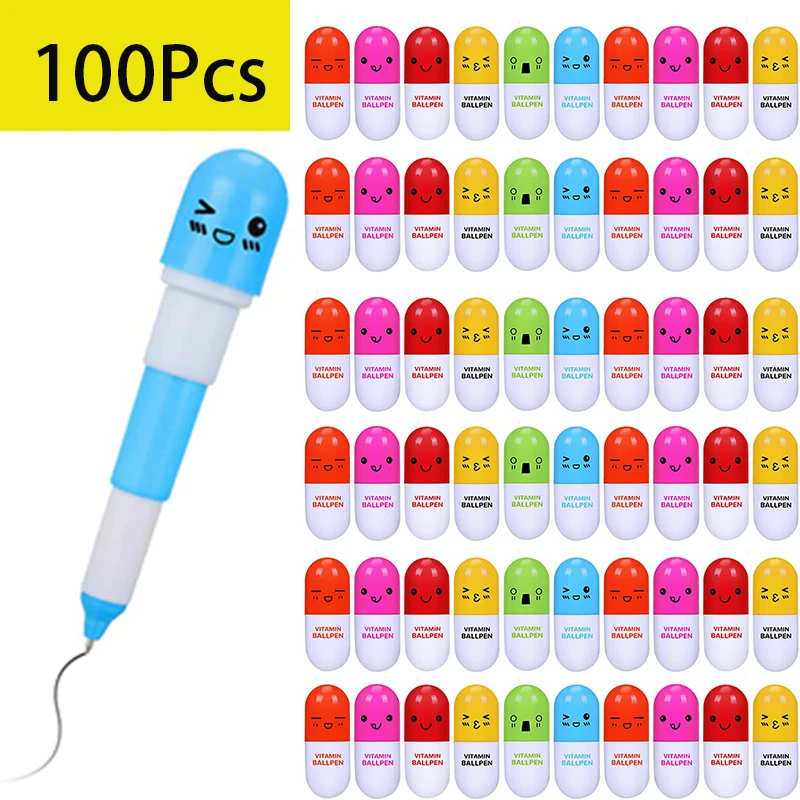 

100Pcs Pill Ballpoint Pen, Novelty Retractable Gift Ball Pen With Smiling Face Cute Cartoon Emotion