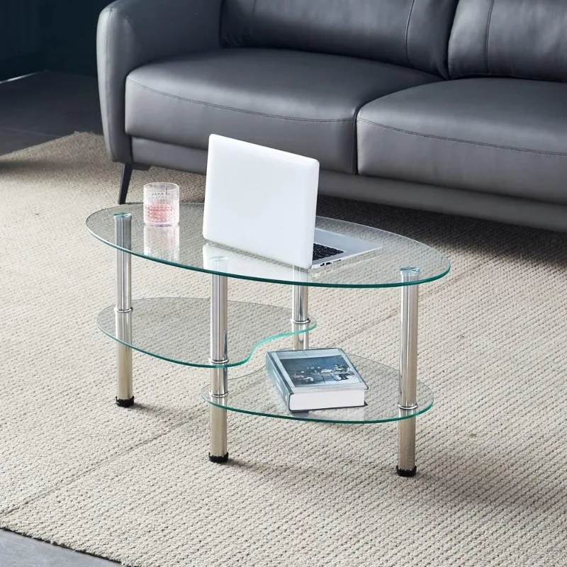 Oval-Shaped Glass Tea Table for Office, 3-Tier Modern Coffee Table, End Table for Living Room (Black) 4