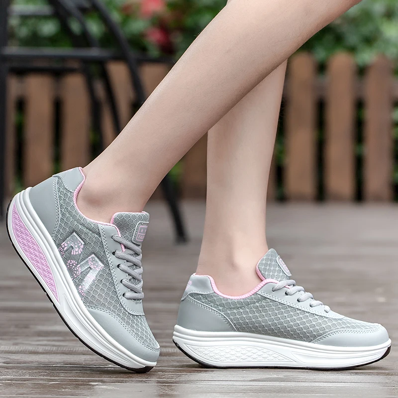 Brand Women Sports Shoes Increase Height 5 Cm Ladies Toning Shoes Wedge Sneakers Breathable Rocking Platform Shake