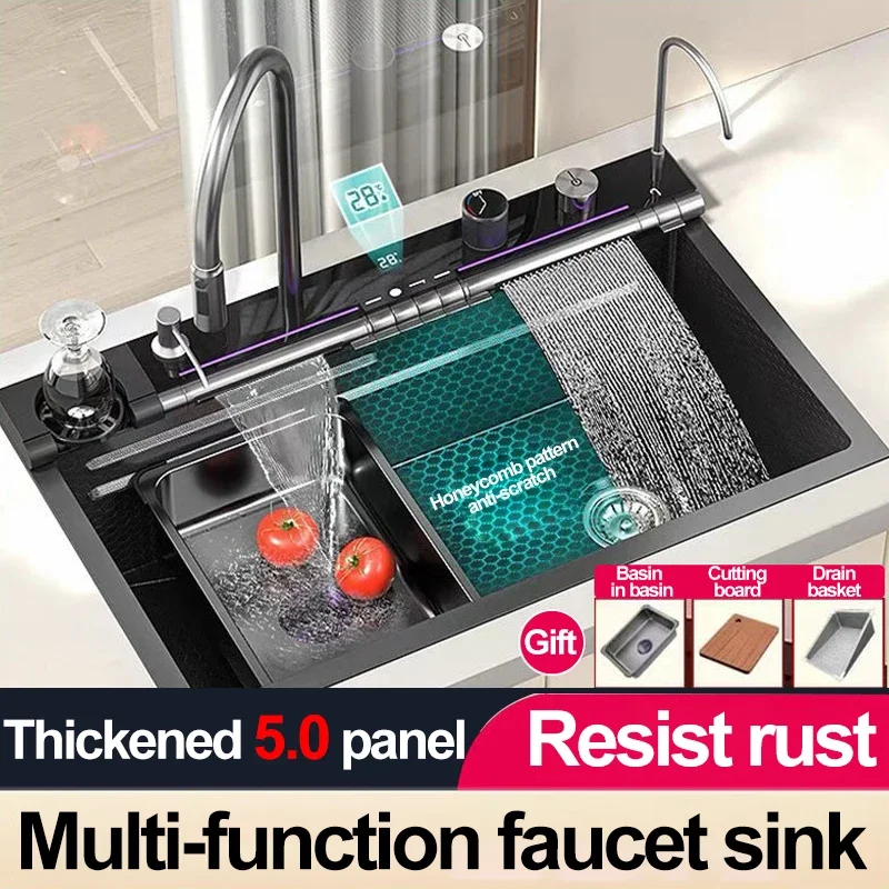 304 Stainless Steel Multi-functional Digital Display Large Sink for Kitchen Hotel Furniture Decoration 680mm/750mm/800mm X 450mm for kitchen accessories kitchen sink