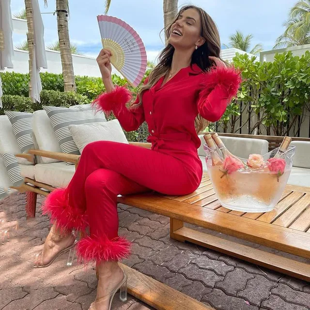 2Pcs Women Pajamas Set Spring Summer Casual Lapel Tops + Feather Pants Suits Sexy Lingerie Nightwear Silk Satin Pyjamas Homewear 4