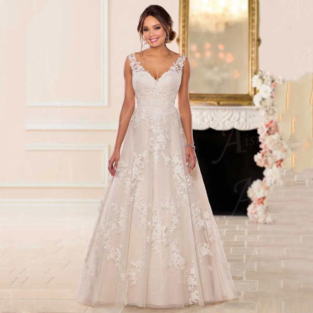 Sexy Illusion A-line Wedding Dress Tank Sleeve Lace Appliques Bride Dresses V Neck Court Train Bridal Gown Robe De Mariee