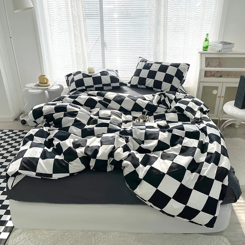 Parure de lit en damier avec taie d'oreiller, ensemble de housse de couette, drap de lit, simple, pleine taille, linge de lit athlon, reine, roi, double, simple