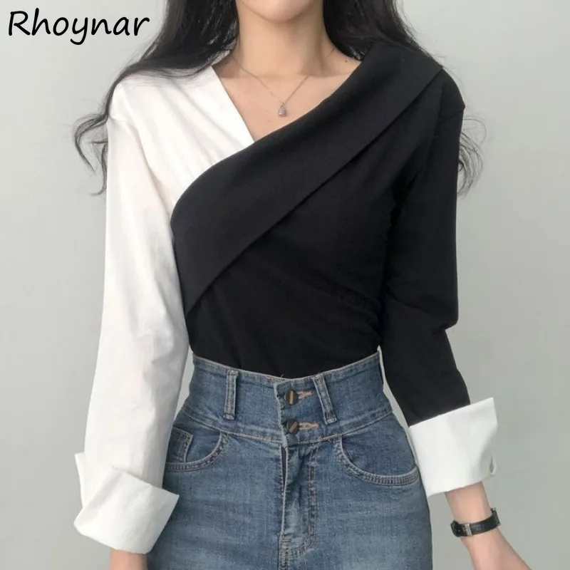 

Blouses Women Retro Patchwork Panelled Korean Style Design Popular Office Ladies All-match Casual Simple Attractive Spring Chic