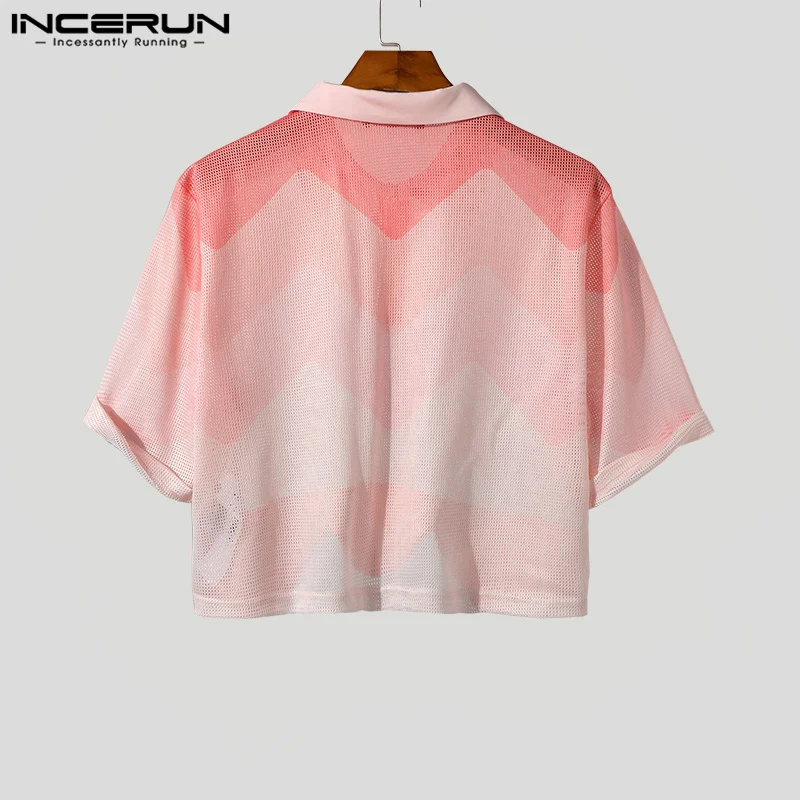 INCERUN Tops 2023 American Style Handsome Men's Pink Gradient Shirts Casual Fashionable Male Cropped Sleeved Lapel Blouse S-5XL
