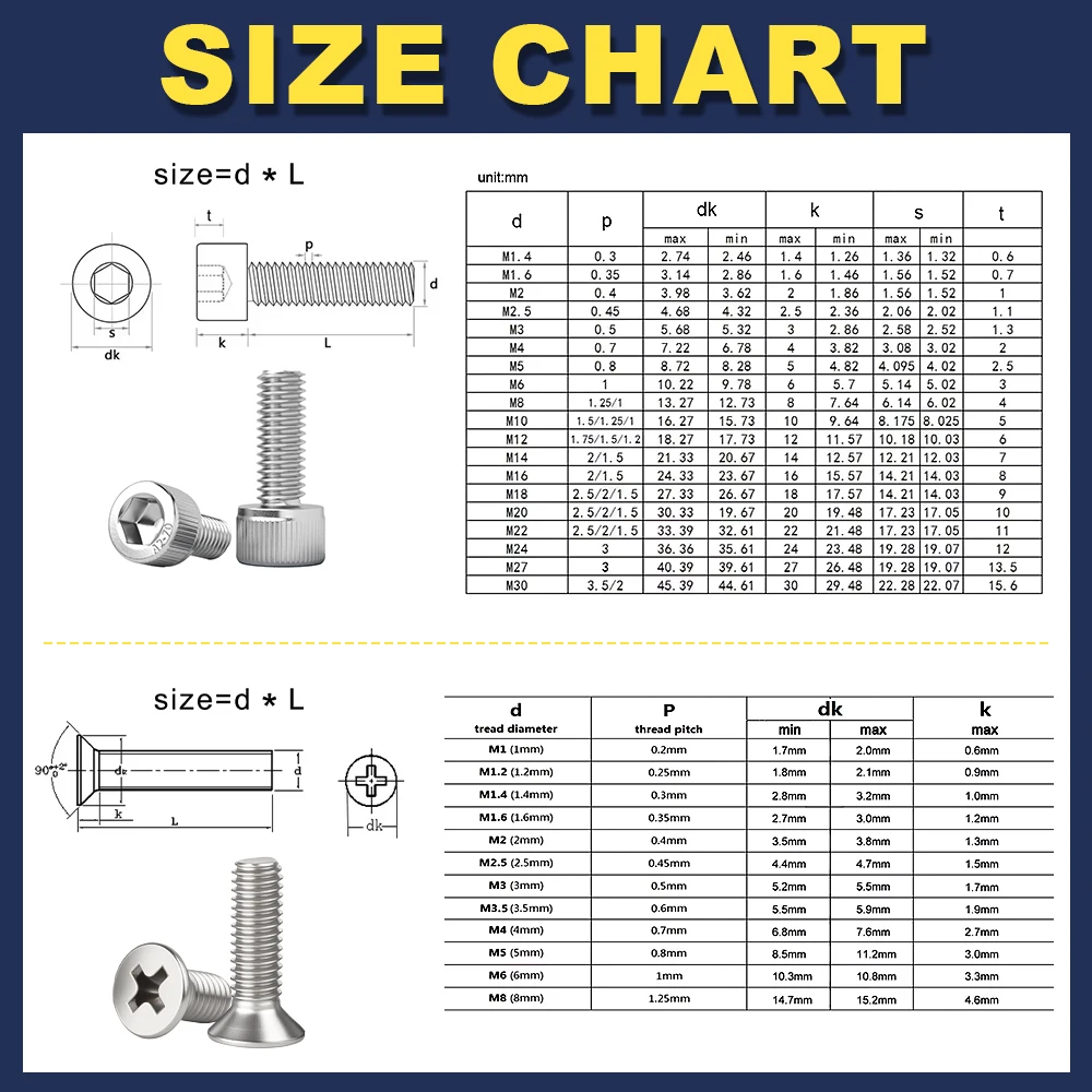 Hexagon Socket Screw M2 M2.5 M3 M4 M5 M6 M8 304 Stainless Steel DIN912 Hexagonal Allen Countersunk Head Cross Phillips Flat