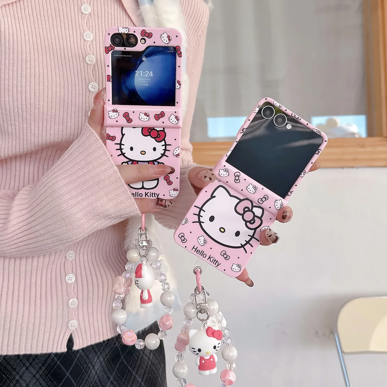 Custodia Protettiva Rosa con Cerniera a Tema Hello Kitty per Samsung Z Flip 7/6/5/4/3, Cover per Telefono a Cartone Animato con Ciondolo Hello Kitty con Perline - Image 6