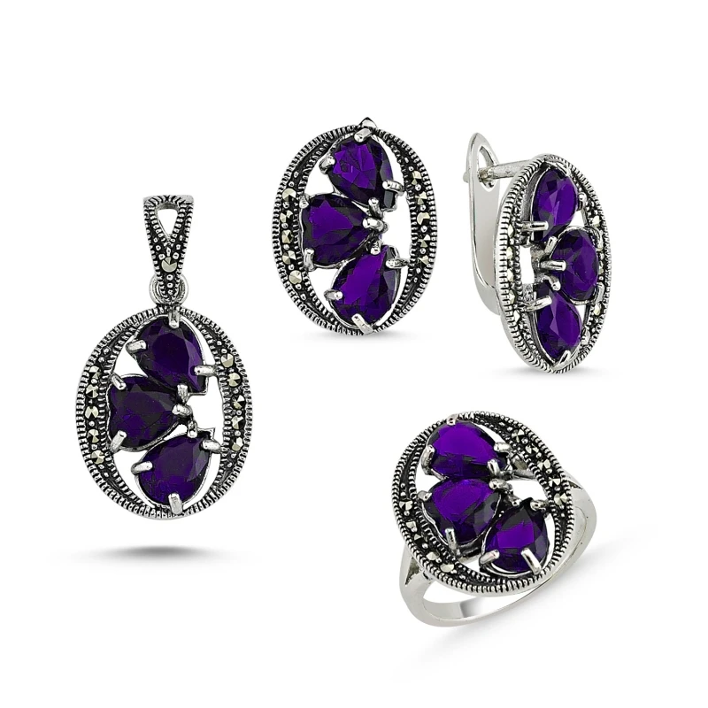 

Silver 925 Sterling Marcasite Pendant Earring & Ring Set