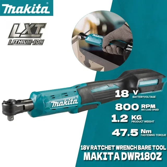 Clé à cliquet sans fil MAKITA DWR180Z 18V LXT, entraînement de 6,35 mm, 800 tr/min, 47,5 N·m, clé à angle, clé à douille, outils électriques DWR180 1