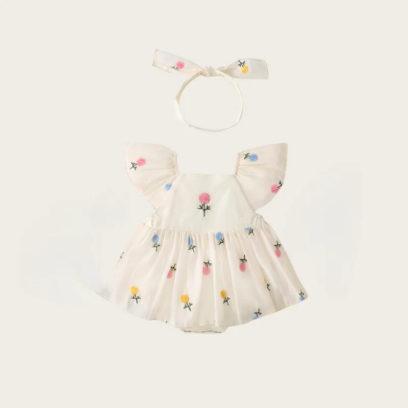 0–2 Jahre Baby-Mädchen-Stramplerkleid aus Baumwolle, weiß, mit Flatterärmeln, bedruckt, mit passendem Stirnband, Kleinkind-Mädchen-Kleidung – Detail 3