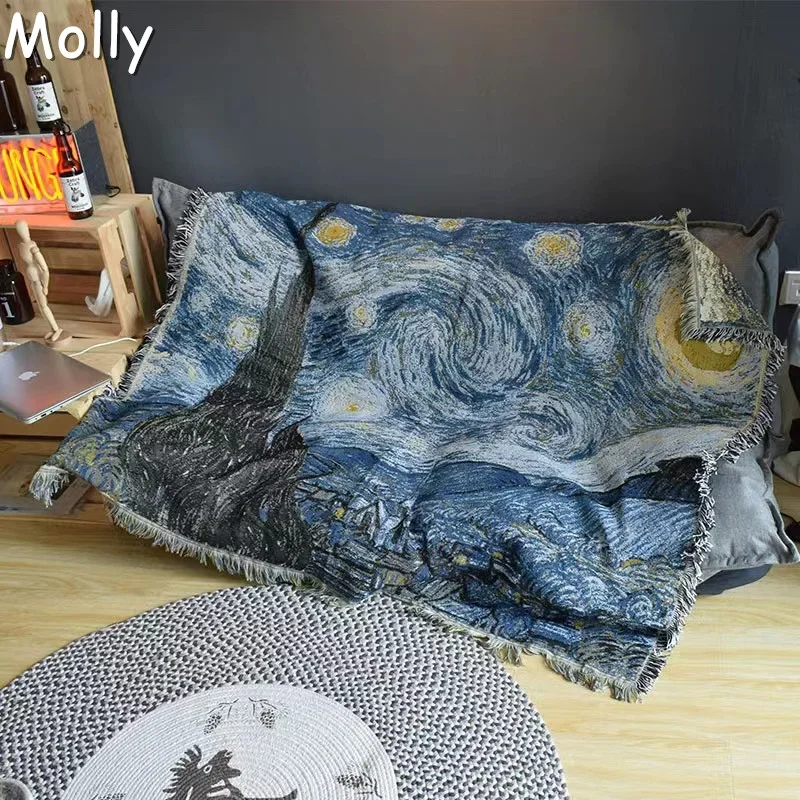 

Vintage Van Gogh Oil Painting Blankets for Bed Starry Sky Blanket Tablecloth Sofa Cushion Cover Cotton Linen Yarn Dyed Tapestry