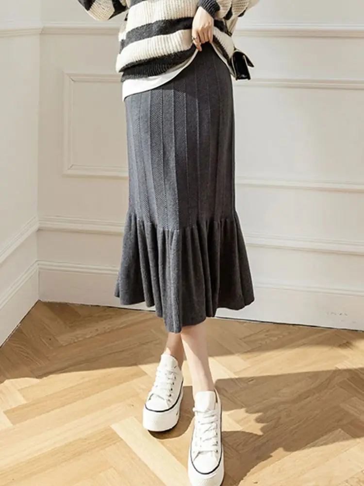 

SISHION Warm Midi Women Skirt Knitted High Waist Solid Black Elastic Mermaid Knitting Autumn Winter Skirts Female Bottoms VD3535
