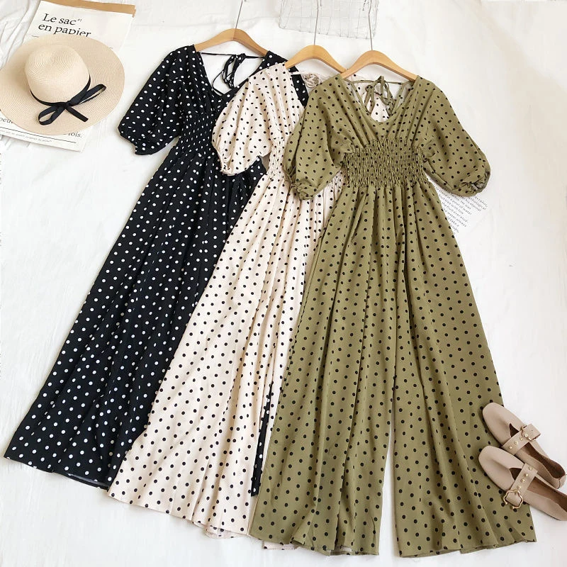

Elegant Women Jumpsuits Romper Polka Dot Sexy V Neck Loose Wide 2022 Summer Wide Leg Beach Casual Bandage Female Jumpsuit