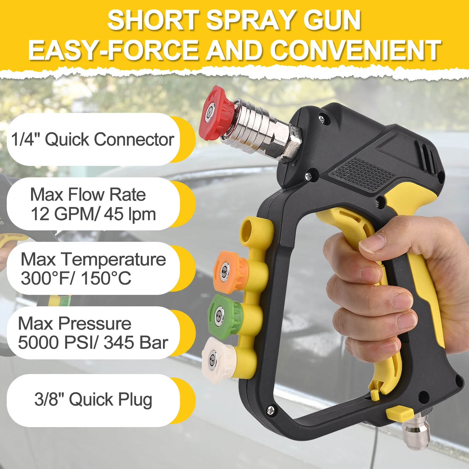 고압 세척기 짧은 스프레이 건 최대 5000 PSI, 1/4인치 퀵 커넥터 및 3/8인치 퀵 플러그, 노즐 팁 홀더 포함