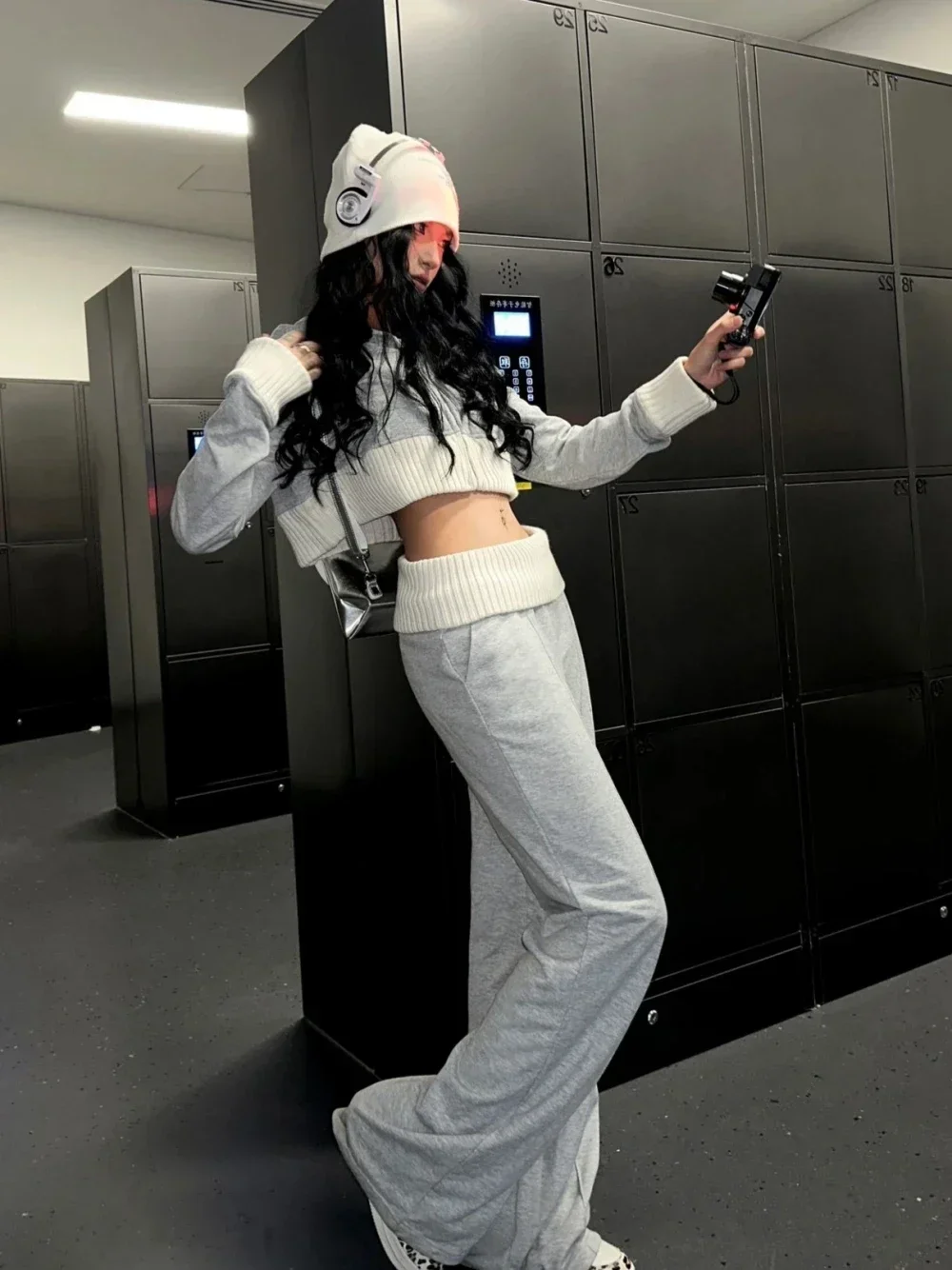 SUNSIREN Korean Fashion Gray Tracksuit Women Y2K Hot Cropped Hoodie Vintage 90s Low Waist Pleated Skirt Patchwork Two Piece Set
