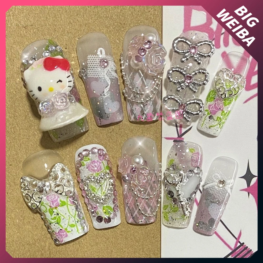 

New 3D Hello Kitty Fake Nails Romantic Rose Pink Diamond Lace Handmade Wedding Party Peress On Full Cover Nail Shipped In March!