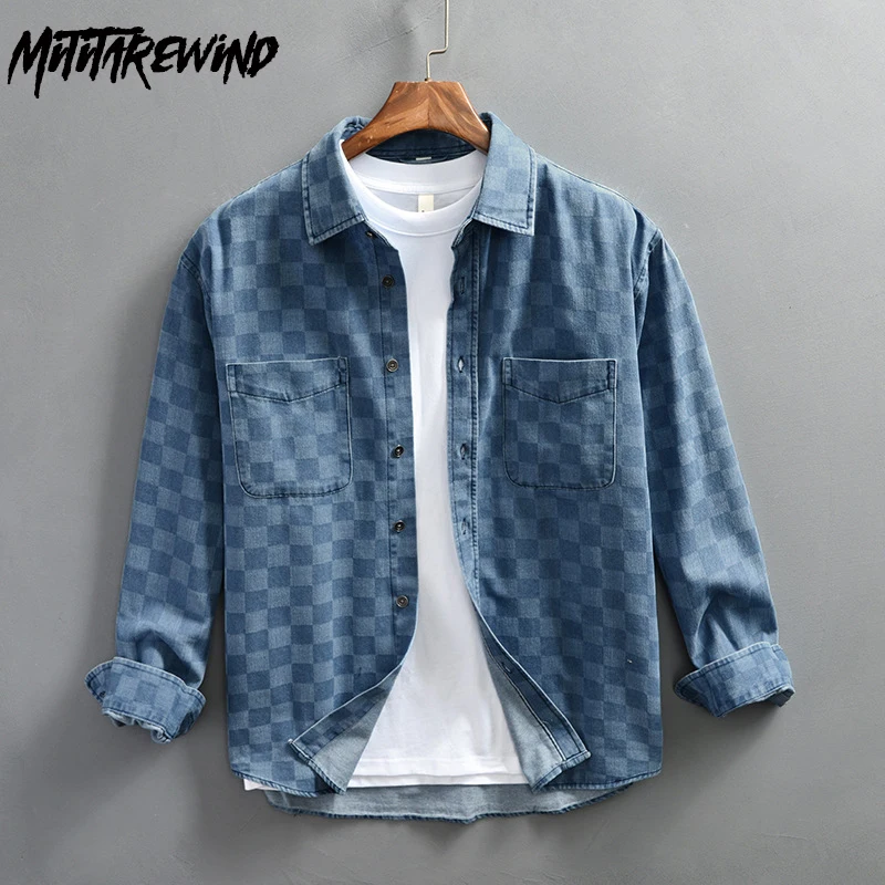 

Japanese Safari Style New Denim Shirt Men Spring Fall Streetwear Retro Jean Top Long Sleeve Plaid Shirt Causal Fashion Overshirt