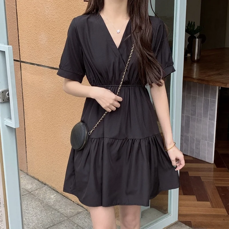 

M-4XL large size v-neck dress for women Summer college style girlfriends empire waist A-line oversize short sleeve dressses 2023
