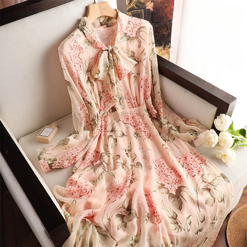 

Silk Print Dresses Women 2023 New Satin Long Sleeves Loose Summer Casual Bow Empire Dress Ladies V-neck Clothing YCMYUNYAN