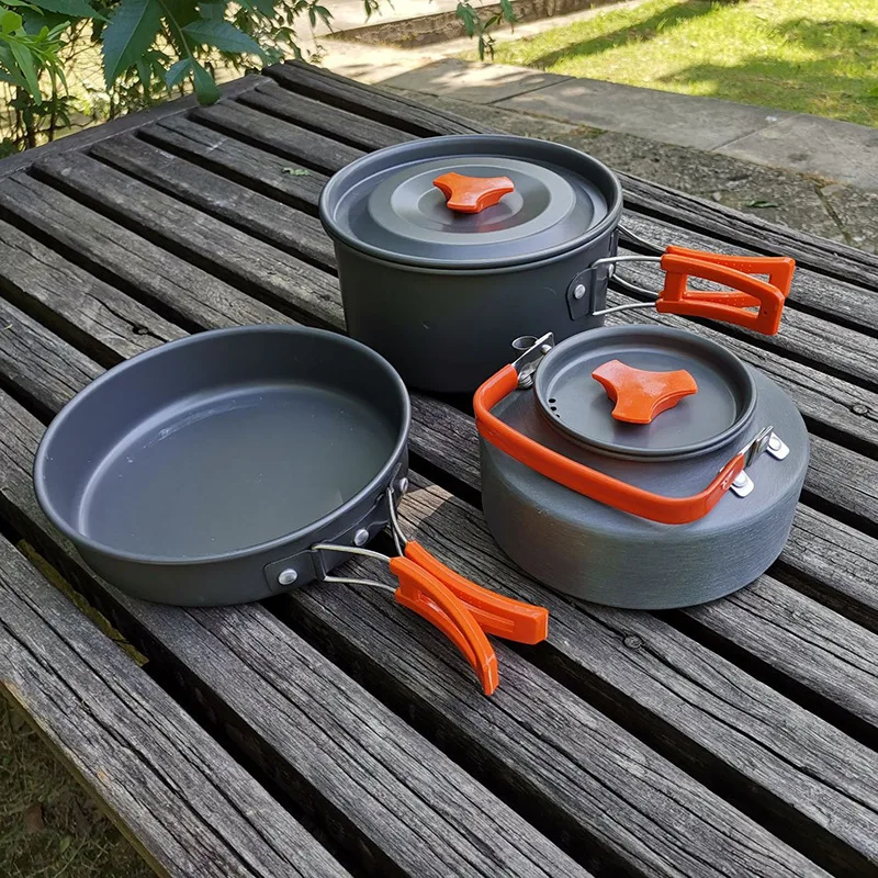 3 Pieces Portable Folding Alumina Utensils Outdoor Cooking Equipment PotTeapot Kettle Aluminum Camping Cookware Set