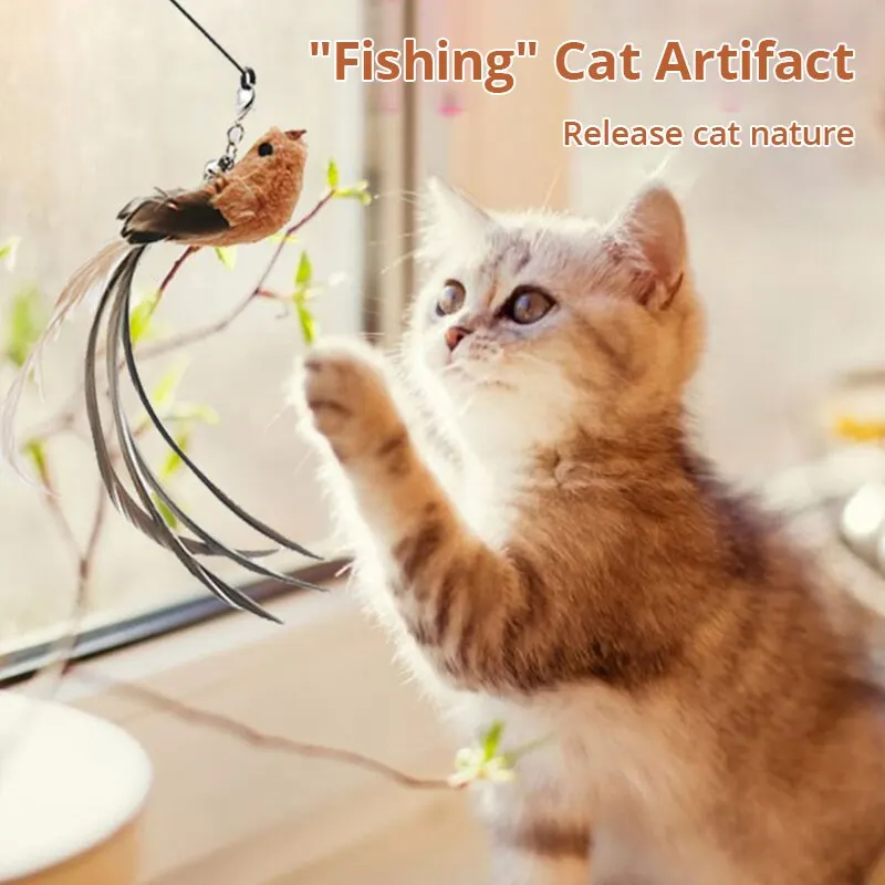 Cat Teaser Stick Upgraded Epoxy Sucker Steel Wire Long Rod Feather No Harmful Ingredients