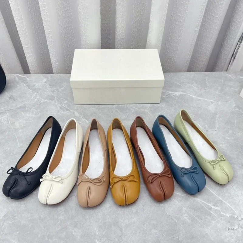 European and American 2023 spring new split toe single shoe women's middle heel leather shallow sheep's skin pig's hoof shoes
