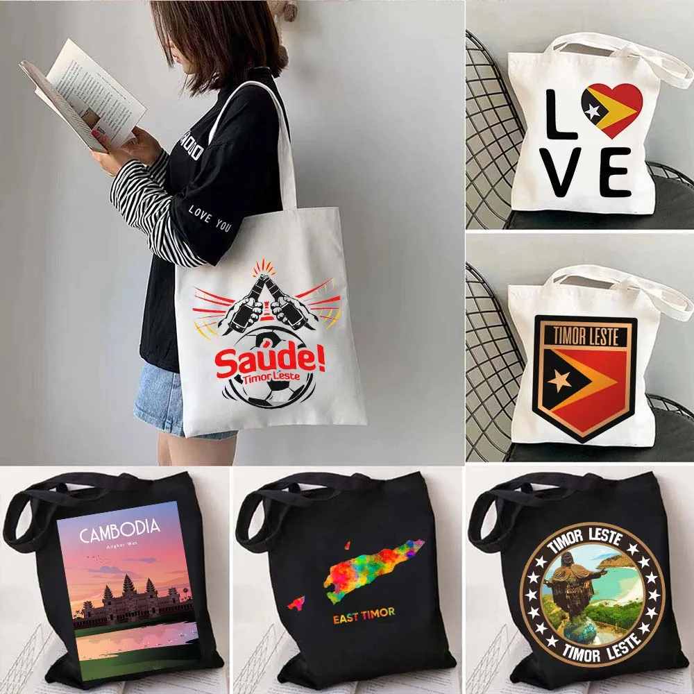 

East Timor Leste Map Flag Cambodia Vintage Travel Shoulder Canvas Cotton Totes Bag Harajuku Shopping Beach Cute Shopper Handbags