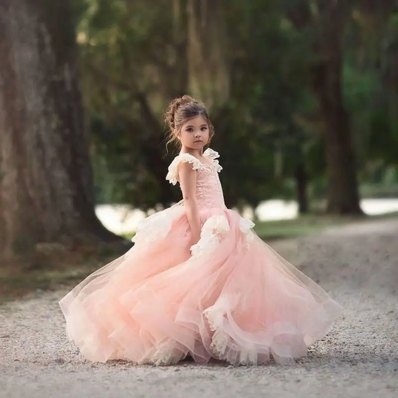 

Pink Flower Girl Dresses for Weddings Layered Tulle Lace Appliques Princess Kids Elegant Evening Party First Communion Ball Gown