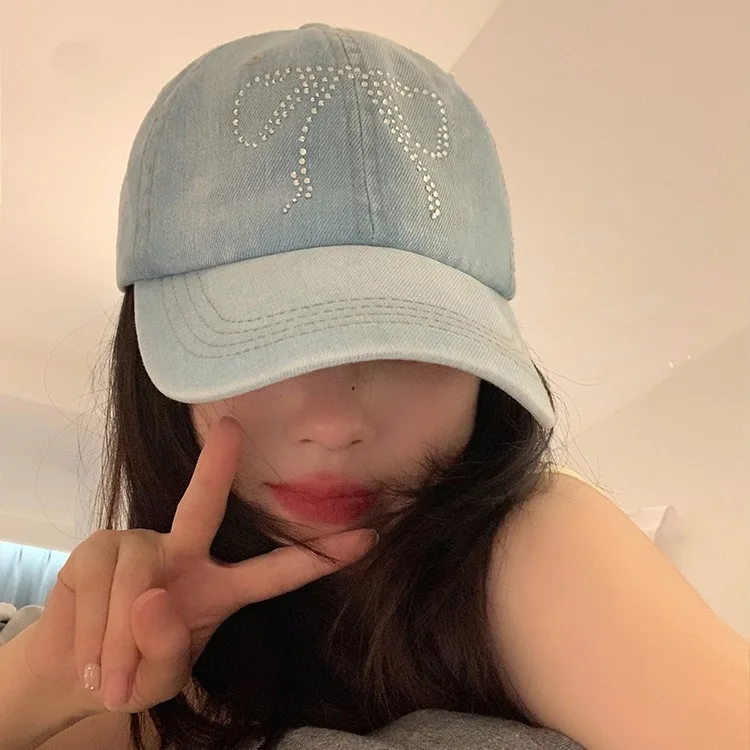 

2024 New Bow Hot Diamond Denim Baseball Cap Spring and Summer Niche Versatile Wide Brim Showing Face Small Sunscreen Women's Hat