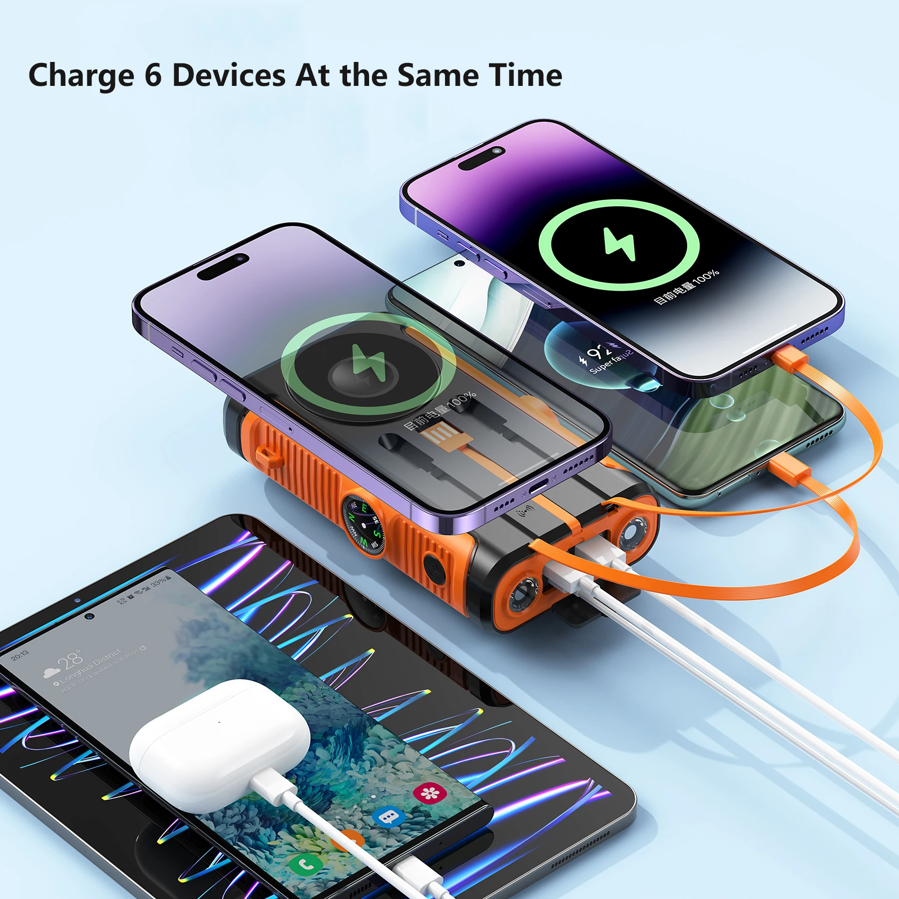 20000mAh Hand Crank Solar Power Bank Dual USB with Camping Light Powerbank Wireless Charging for iPhone 16 15 iwatch Waterproof 5
