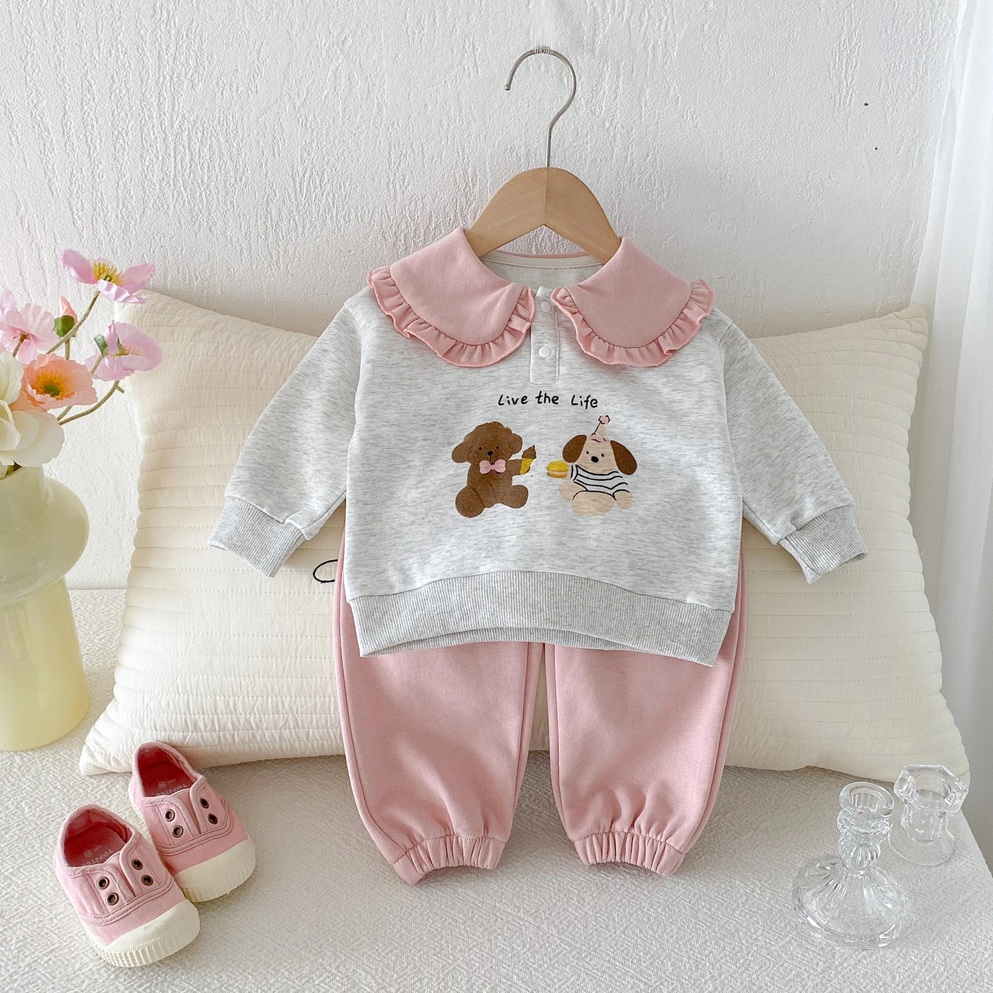 Girls Cartoon Print Hoodie and Pink Pants Sports Suit