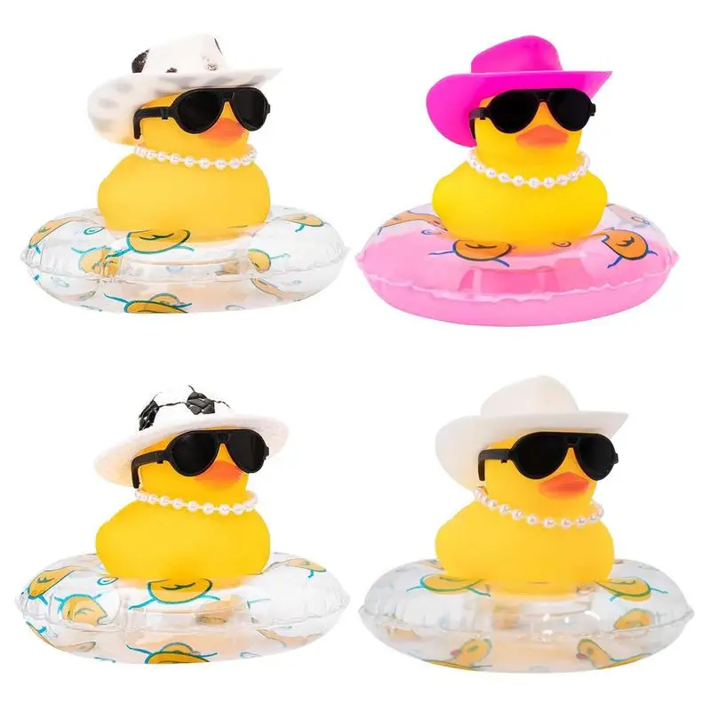 

Car Duck Car Rubber Dashboard Decorations Ornament Yellow Duck with Mini Swim Ring Sun Cowboy Hat Necklace for Auto Office