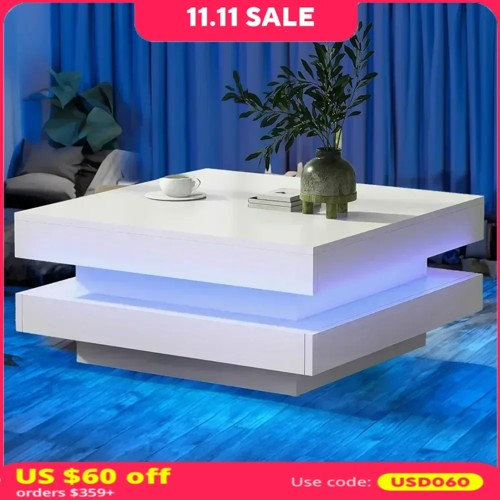 Coffee Table LED, 2-Tier Modern Middle Center Table, Coffee Tables with 16-Color Plug-in Light, Cocktail Tea Table, Table