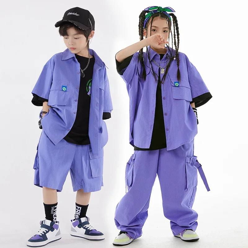 Loose Overalls Purple Coat Pants Street Dance Clothing Boys Girls Jazz Drum Show Stage Clothes Kids Hip Hop Dance Costume