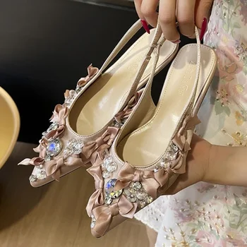 Luxury Crystal Satin Brand Sandals Women Elegant Pointed Toe Bow Shallow Dress Shoes Summer Fashion Designer Slingback Shoes