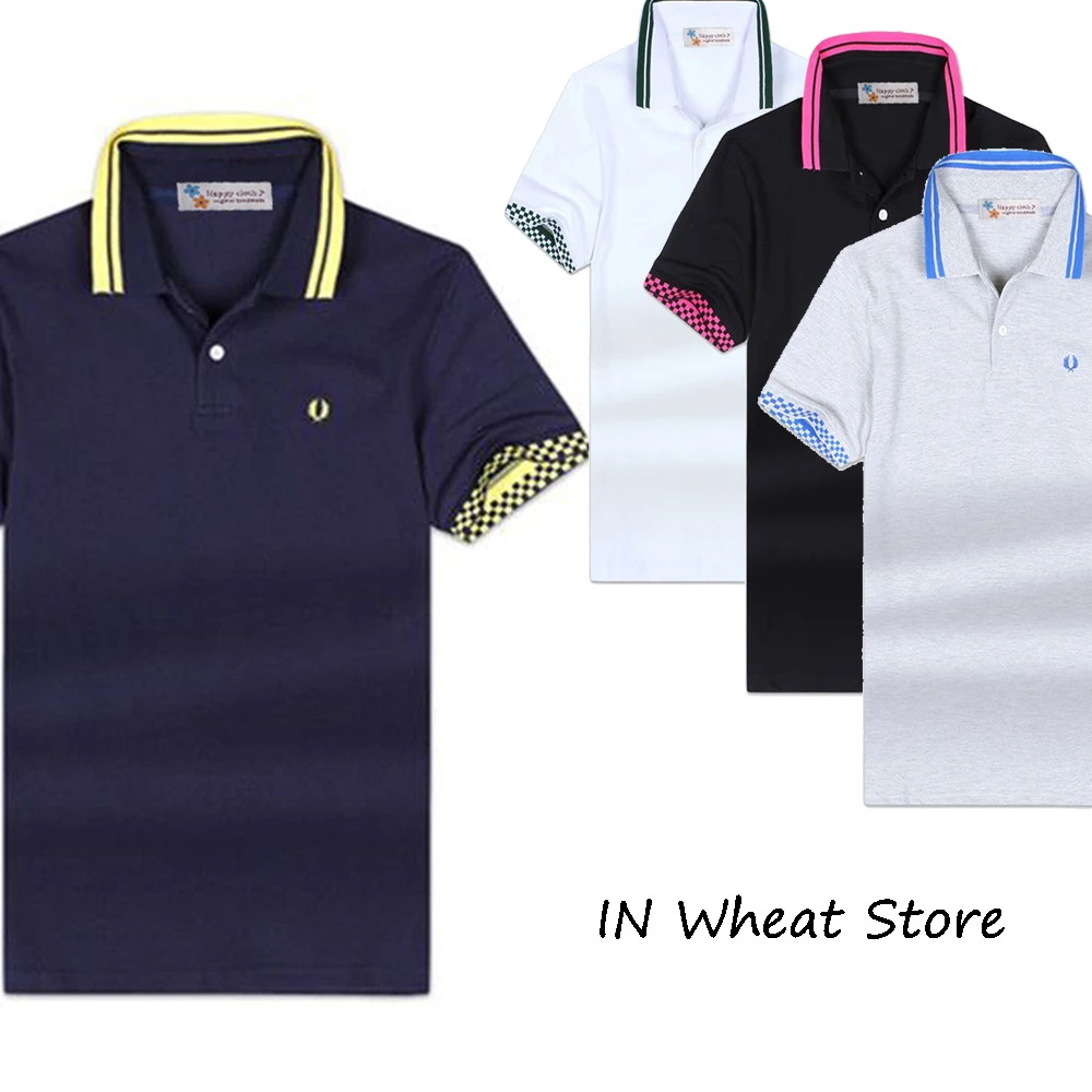 

Wheat Embroidered pure Cotton Classic Casual Plaid Sleeve Stripe Short Sleeved Slim Fitting Polo Shirt Golf Men's T-shirt Summer