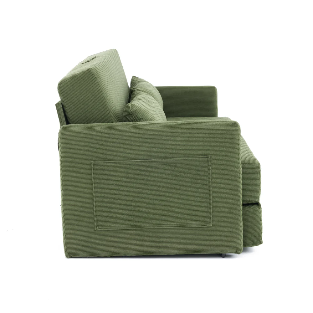2-in-1 Konvertierbares Klappsofa-Bett aus Cord, 2-Sitzer Lounge-Couch mit Lendenkissen & Zeitschriften-Aufbewahrungstaschen, Beige – Detail 25