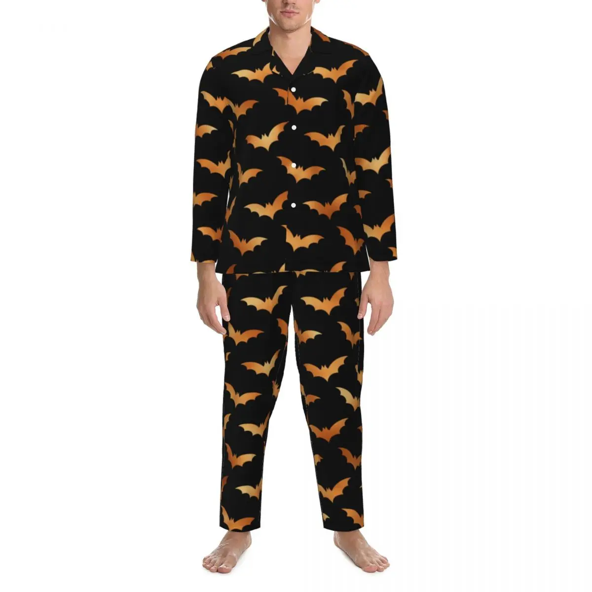 

Spooky Bat Sleepwear Autumn Funny Halloween Print Casual Loose Oversized Pajama Set Man Long-Sleeve Soft Night Graphic Nightwear