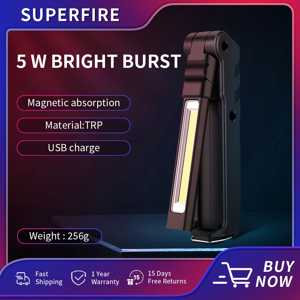 Superfire G15/S Led + Cob Torcia Portatile Con Luce Di Lavoro Con Lanterna Per Auto Di Riparazione Pieghevole Multifunzione Ricaricabile Usb Magnetica