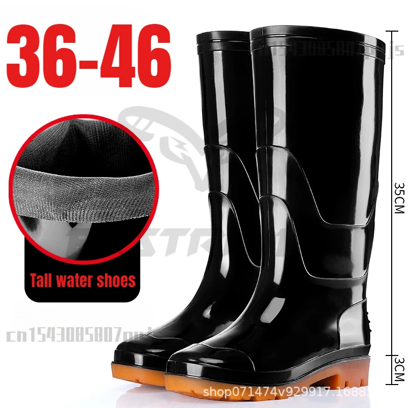 Black High Tube Rain Shoes Long Tube Rain Boots for Men Anti Slip Waterproof Fishing Shoes Outdoor Work