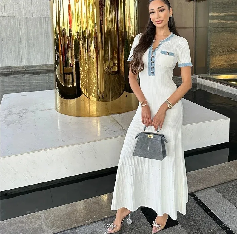 

Elegant White Knitted Long Dress Women Denim Patchwork Short Sleeve Bodycon Crochet Vacation Maxi Dress 2024 Fashion Robe