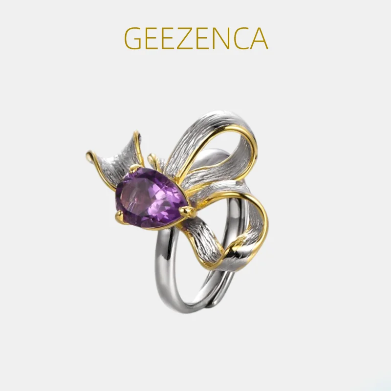 

GEEZENCA S925 Silver Two Tone Plated Inlaid Amethyst Bowknot Rings For Women Luxury Niche Natural Stone Adjustable Ring 2023 New