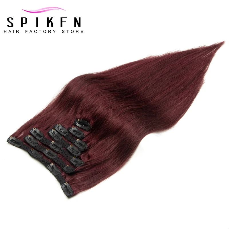 SPIKFN Brazilian Remy Straight Hair Clip In Human Hair Extensions Natural Burgundy Color 99J# Clip Full Head 7pcs/set