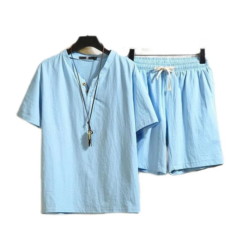 Men's Cotton Linen Short Sleeve T-shirt+Shorts Pant Set Solid Shirt Home Suits Male Size sports Two-Piece Suit M-5XL