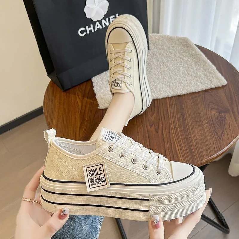 2024 New Women's Black Platform Canvas Sneakers Lace-up Comfortable Shoes Fashion Outdoor Multi-functional Sports Canvas Shoes 5