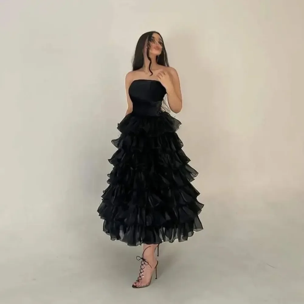

Black Saudi Arabic Tiered Ruffles Tulle Evening Dresses Strapless Pleat Ruched A-Line Prom Dress Wedding Party Gown 2023