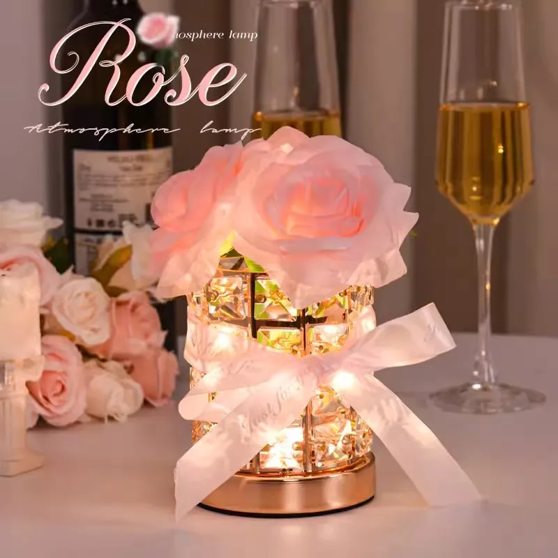 Romantic Rose Crystal Lamp LED Night Light USB Rechargeable Dimmable Flower Table Lamp Room Decor Brithday Gifts Rose Light