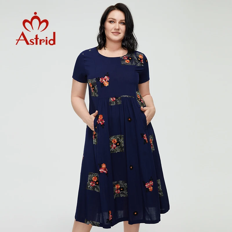 

Astrid Women's Summer Dress 2022 for Women Boho Casual Elegant Vintage Dress Linen Oversize Embroidery Flower Long with Pocket