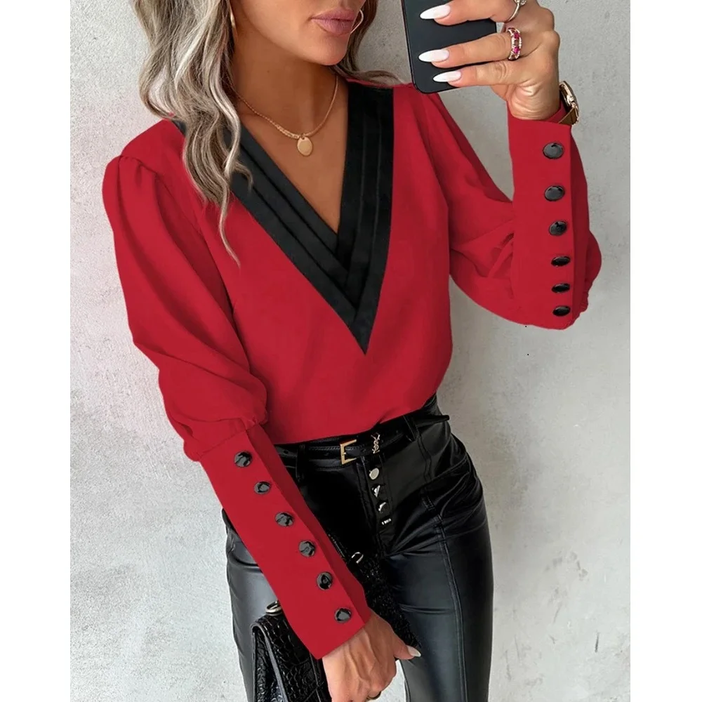 2024 Women Contrast Paneled V Neck Buttoned Design Gigot Sleeve Blouse Spring Fashion Femme Casual Workwear Shirts Office Lady summer shorts for women fashion contrast paneled pocket design denim shorts jeans casual high waist skinny shorts women new y2k