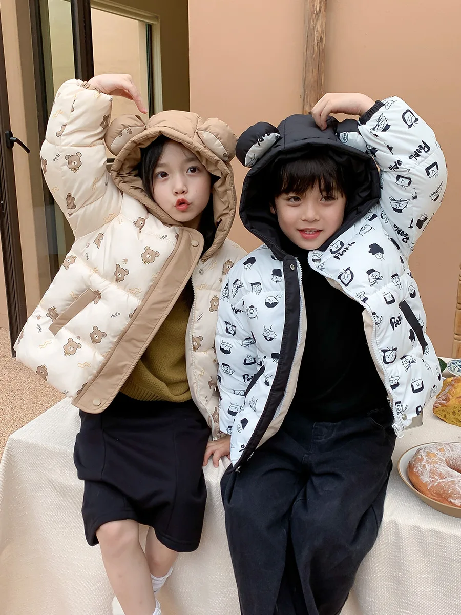 8024 Children Hooded Coat Cotton-padded Jacket Winter New Super Cute Baby Boy's Coat Thick Warm Bear